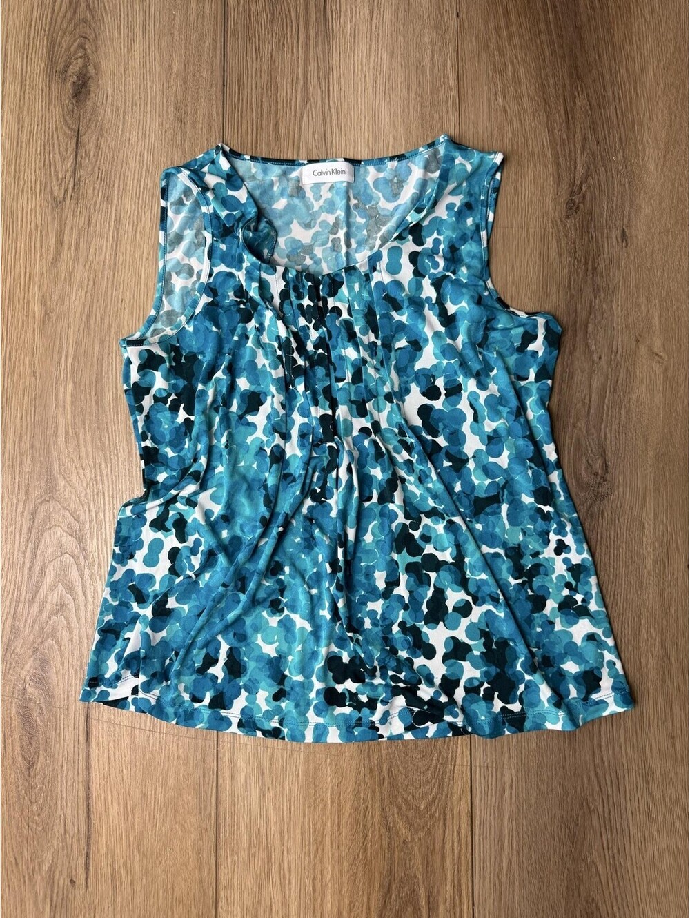 Calvin Klein Tank Top Womens M Blue Floral Pleated Scoop Neck Jersey Summer